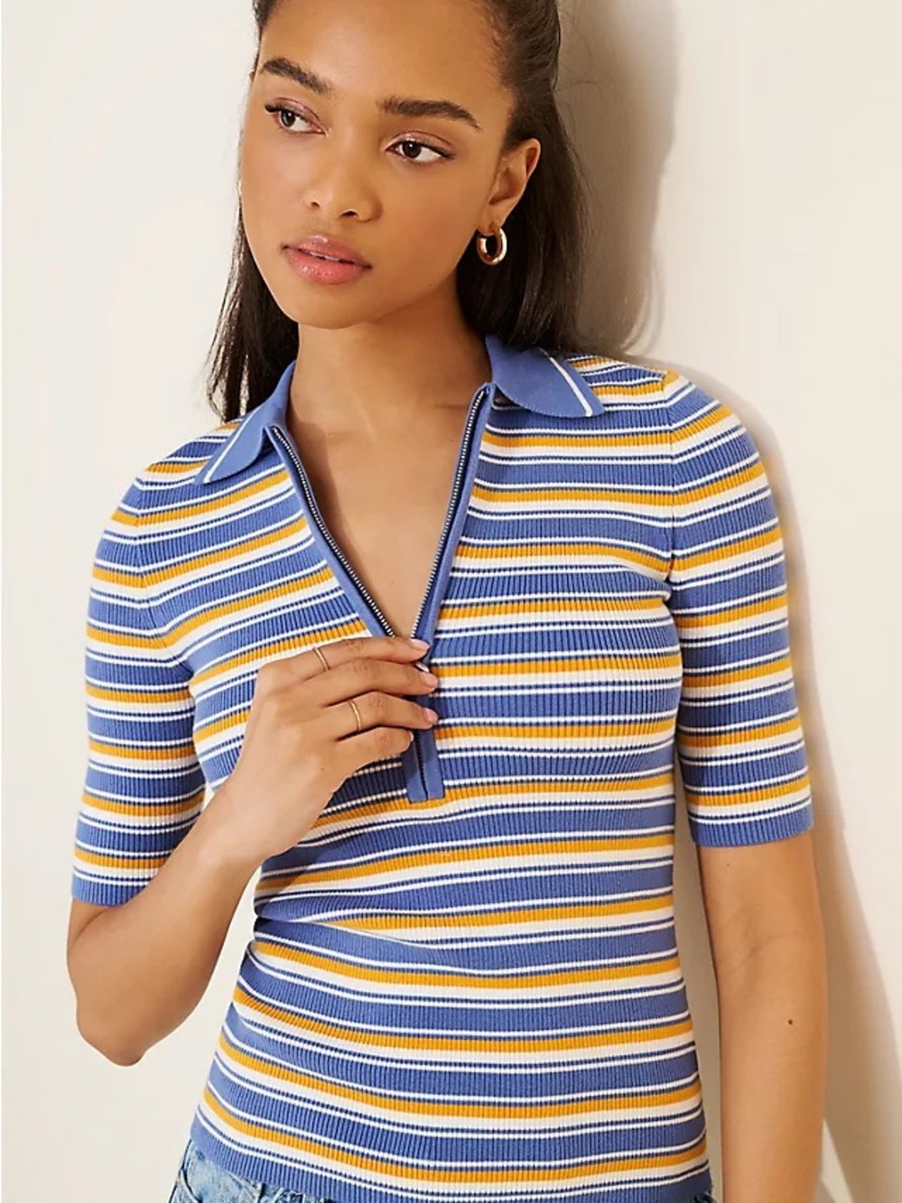 Madewell Remi Blue, Yellow and White Striped Zip Johnny Collar Polo Top Size S